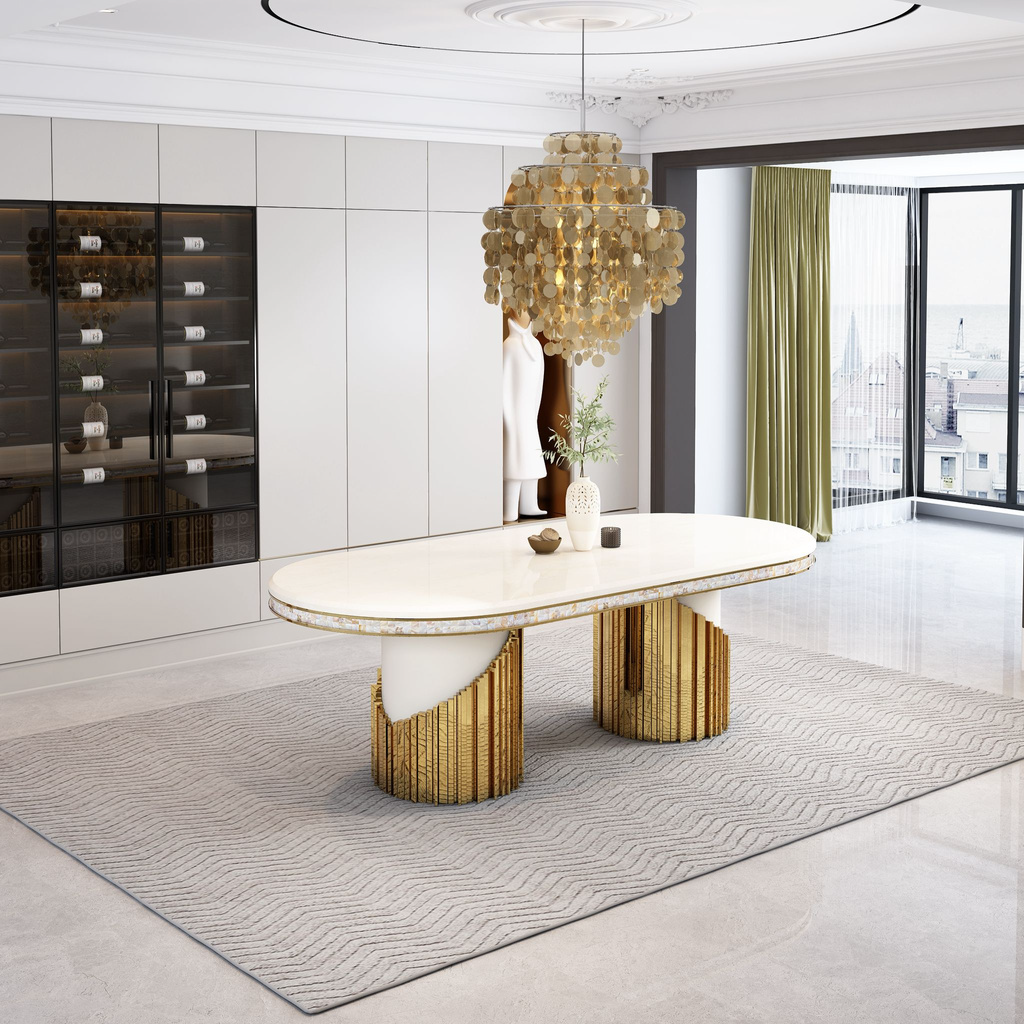 HT-457 79-Inch Oval Marble & Gold Dining Table