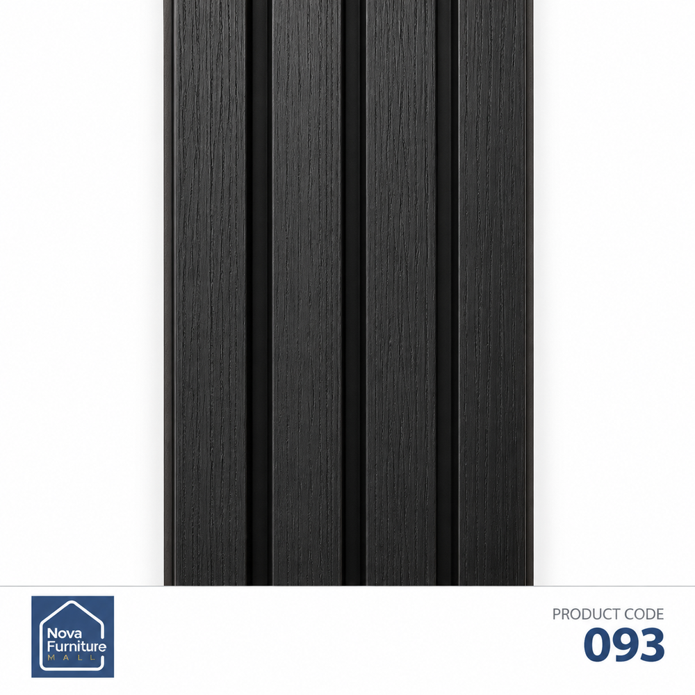 093 black woodgrain ribbed PVC wall panel, 6 inches wide and 9 feet 6 inches long