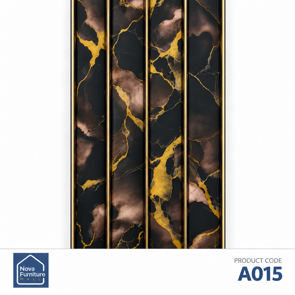 A015 black marble-effect & gold ribbed PVC wall panel, 10 inches wide and 9 feet 6 inches long