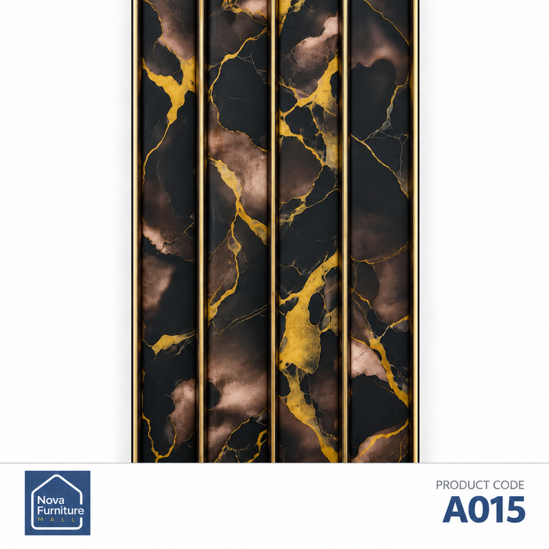 A015 black marble-effect & gold ribbed PVC wall panel, 10 inches wide and 9 feet 6 inches long