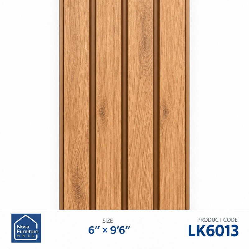 LK6013 honey oak-look ribbed PVC wall panel, 6 inches wide and 9 feet 6 inches long