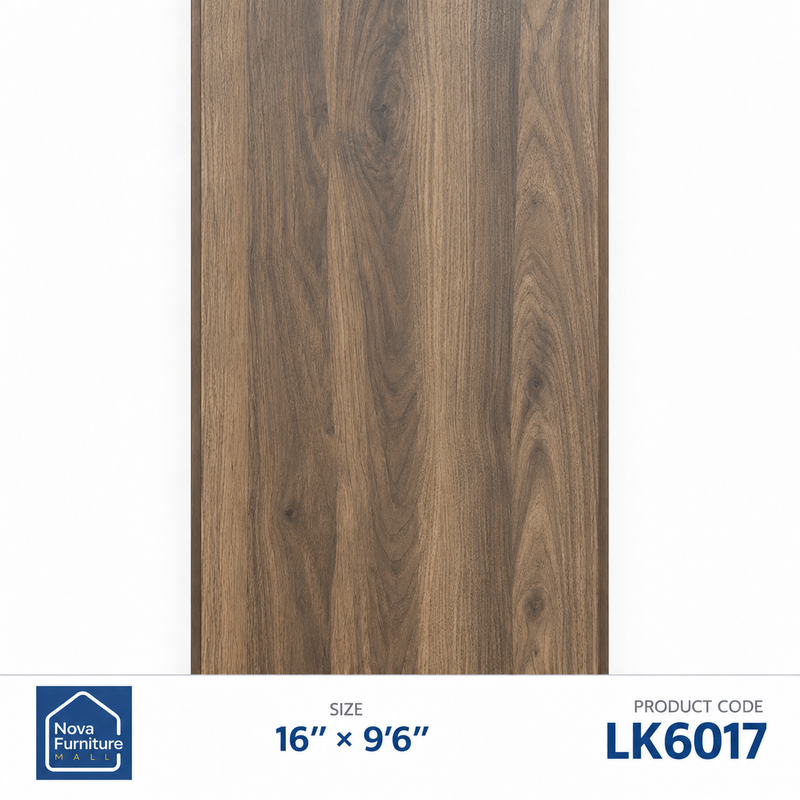 LK6017 walnut-look wide flat PVC wall panel, 16 inches wide and 9 feet 6 inches long