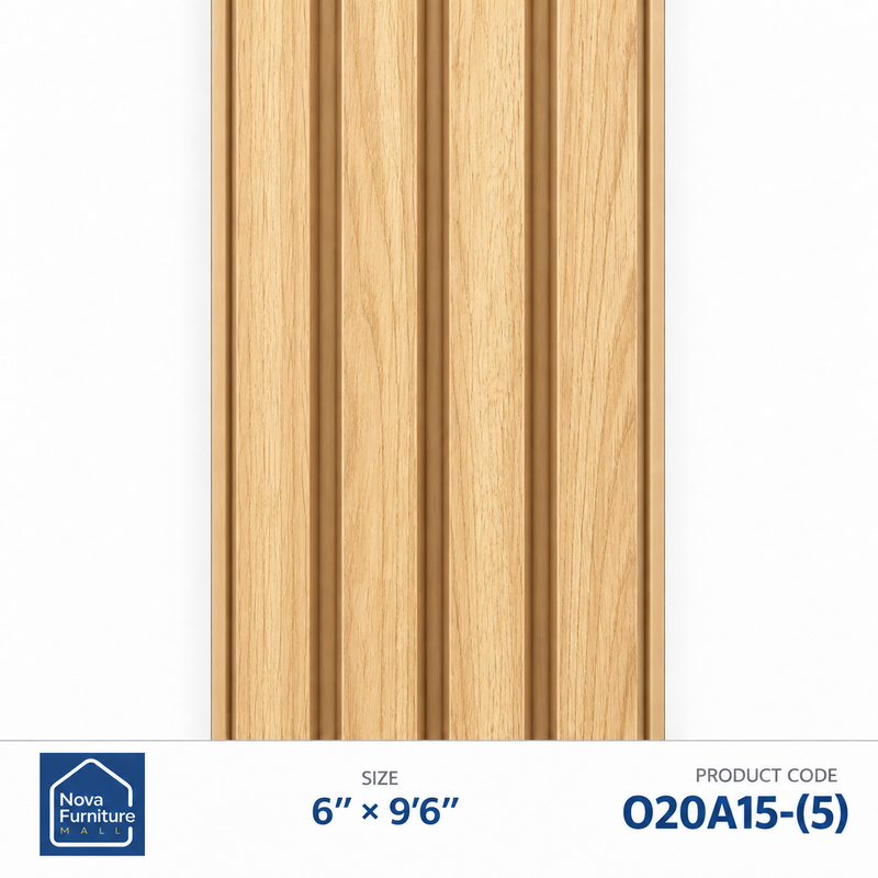 O20A15-(5) blond oak-look ribbed PVC wall panel, 6 inches wide and 9 feet 6 inches long