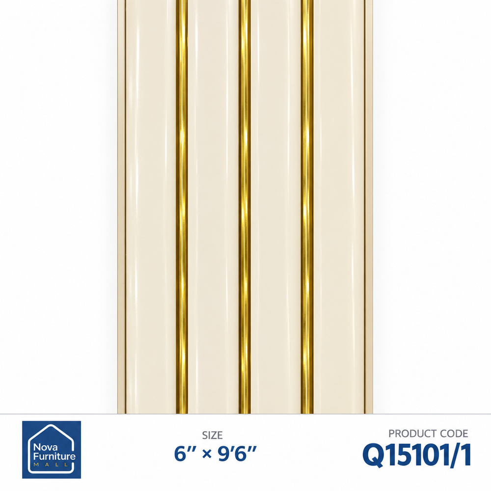 Q15101/1 ivory & gold PVC wall panel, 6 inches wide and 9 feet 6 inches long