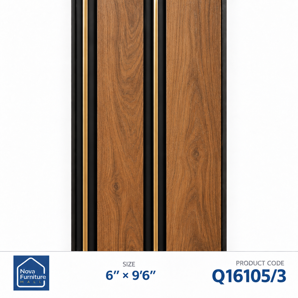 Q16105/3 warm brown wood-look & gold PVC wall panel, 6 inches wide and 9 feet 6 inches long