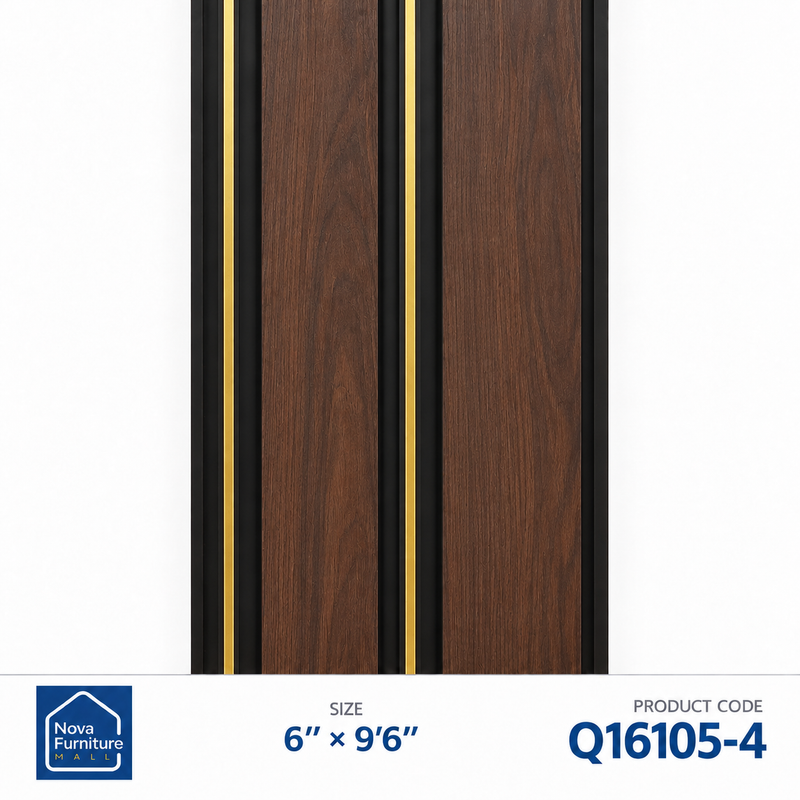 Q16105-4 dark chocolate wood-look & gold PVC wall panel, 6 inches wide and 9 feet 6 inches long