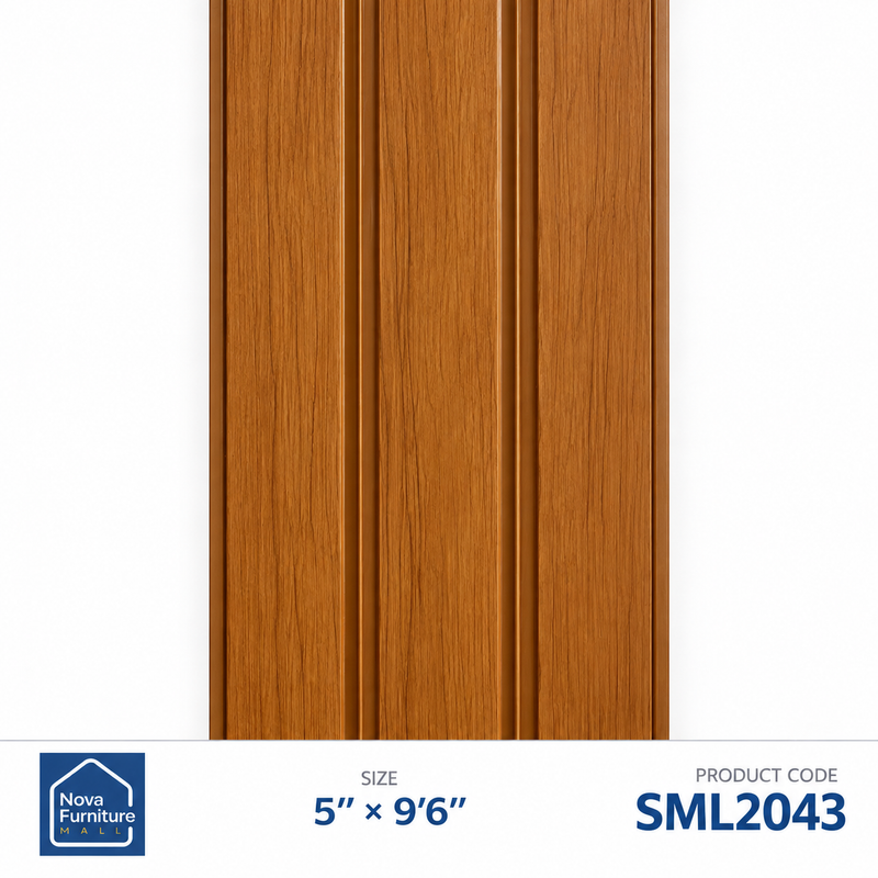 SML2043 golden brown wood-look ribbed PVC wall panel, 5 inches wide and 9 feet 6 inches long