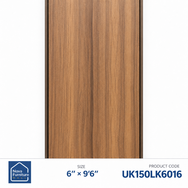 UK150LK6016 walnut-look flat PVC wall panel, 6 inches wide and 9 feet 6 inches long
