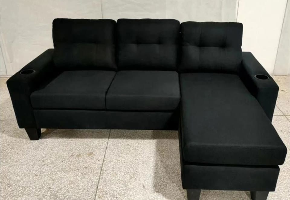 Black Fabric Sectional Sofa With Cup Holders