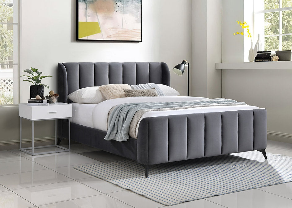 Grey Velvet Bed with Wing Headboard & Black Metal Legs IF-5120