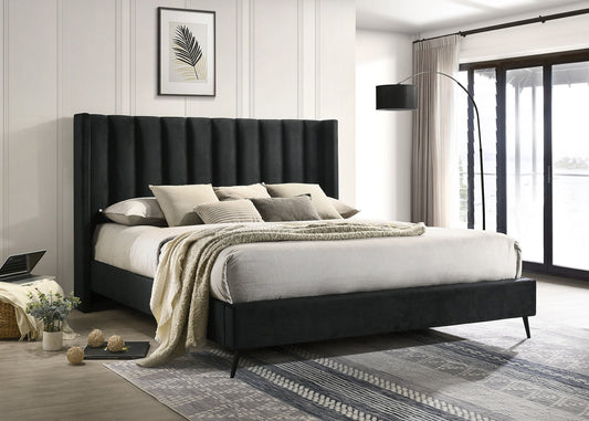 Black Velvet Wing Bed with Vertical Tufting & Metal Legs IF-5231