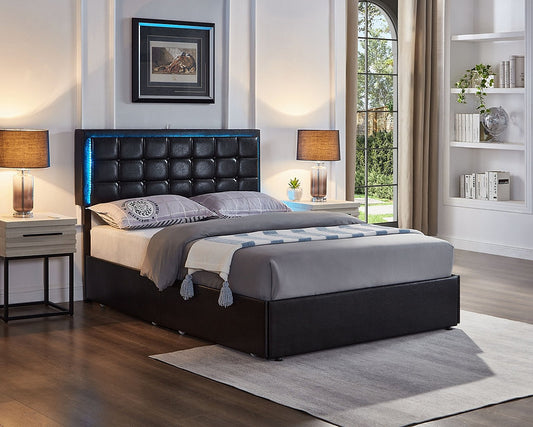 Black PU Platform Bed with LED Lights & Storage Drawers IF-5400