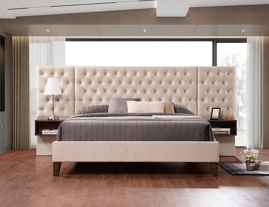 Beige Velvet Platform Bed with Button Tufted Headboard & Floating Nightstands IF-5565