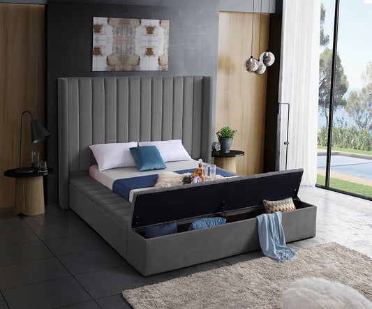 Grey Velvet Fabric Bed with channel tufting and 3 Storage Benches IF-5720