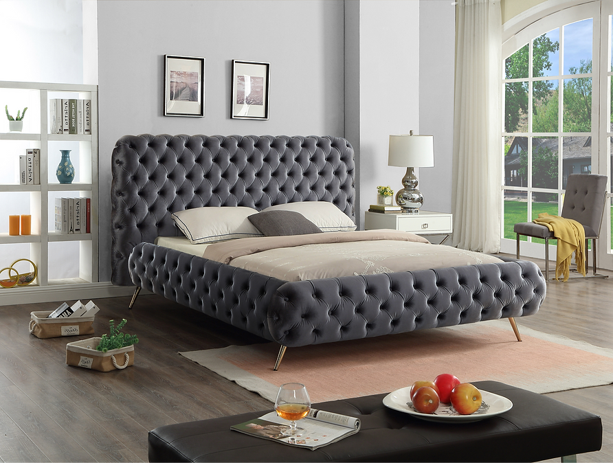 Grey Velvet Fabric Bed with Extra Deep Button Tufting and Sleek Chrome Leg IF-5865