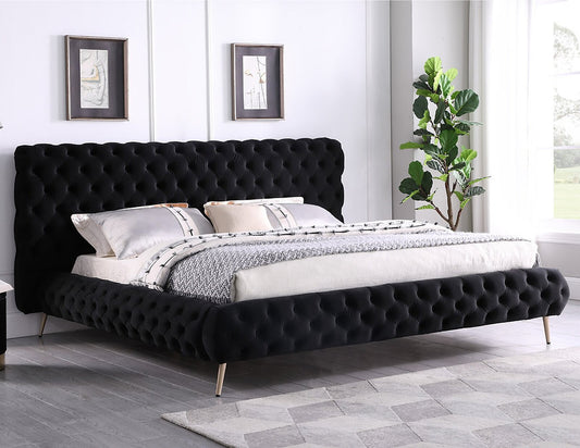 Black Velvet Fabric Bed with Extra Deep Button Tufting and Sleek Chrome Leg IF-5866