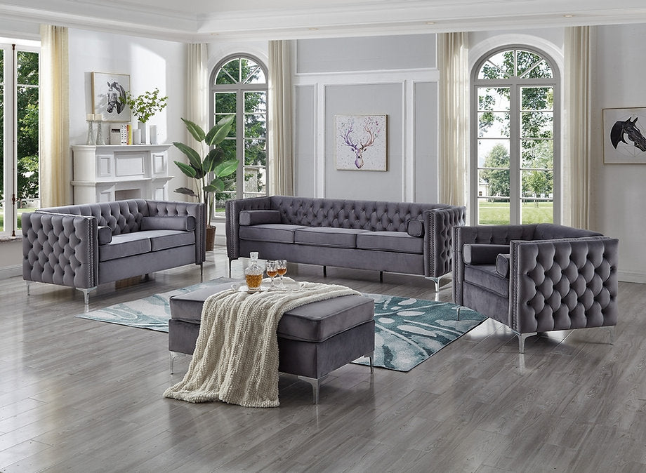 Grey Velvet Sofa Set With Deep Tufting IF-8006/9281