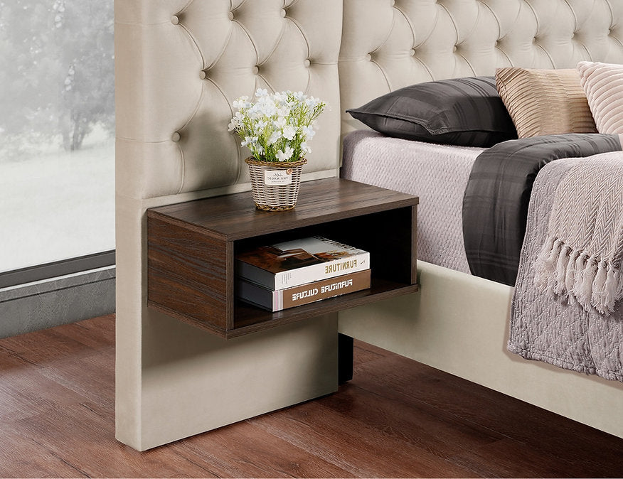 Beige Velvet Platform Bed with Button Tufted Headboard & Floating Nightstands IF-5565