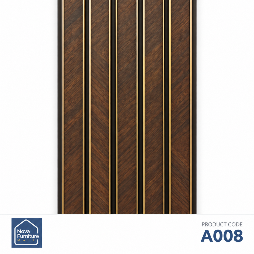 A008 dark woodgrain & gold ribbed PVC wall panel, 10 inches wide and 9 feet 6 inches long