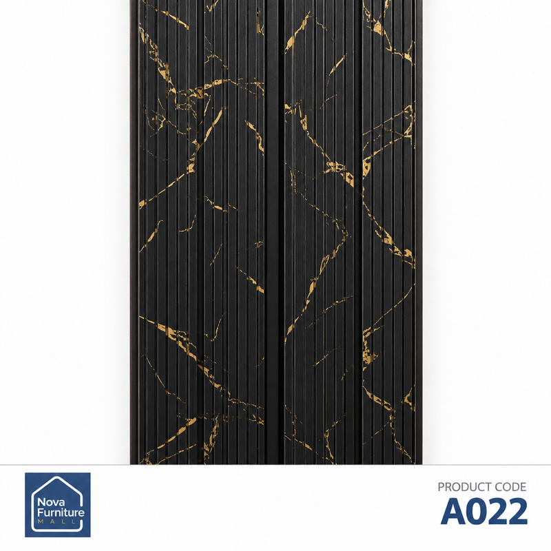 A022 black & gold marble-effect ribbed PVC wall panel, 8 inches wide and 9 feet 6 inches long