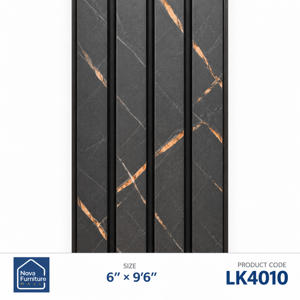 LK4010 charcoal stone-effect ribbed PVC wall panel, 6 inches wide and 9 feet 6 inches long
