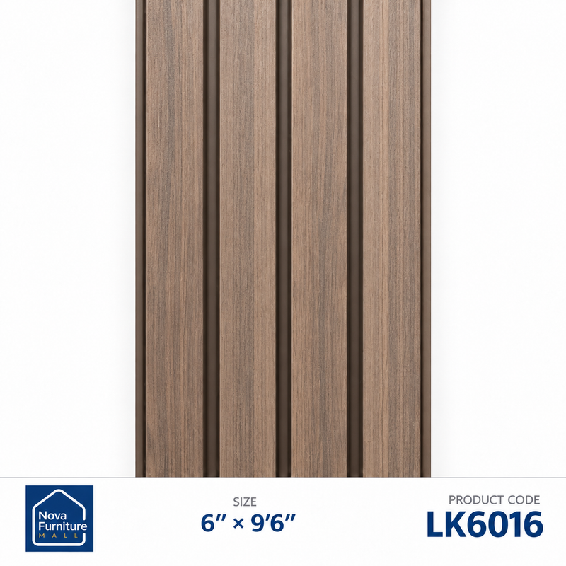 LK6016 grey walnut-look ribbed PVC wall panel, 6 inches wide and 9 feet 6 inches long