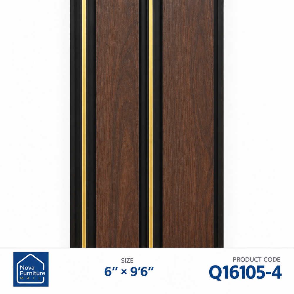 Q16105-4 dark chocolate wood-look & gold PVC wall panel, 6 inches wide and 9 feet 6 inches long