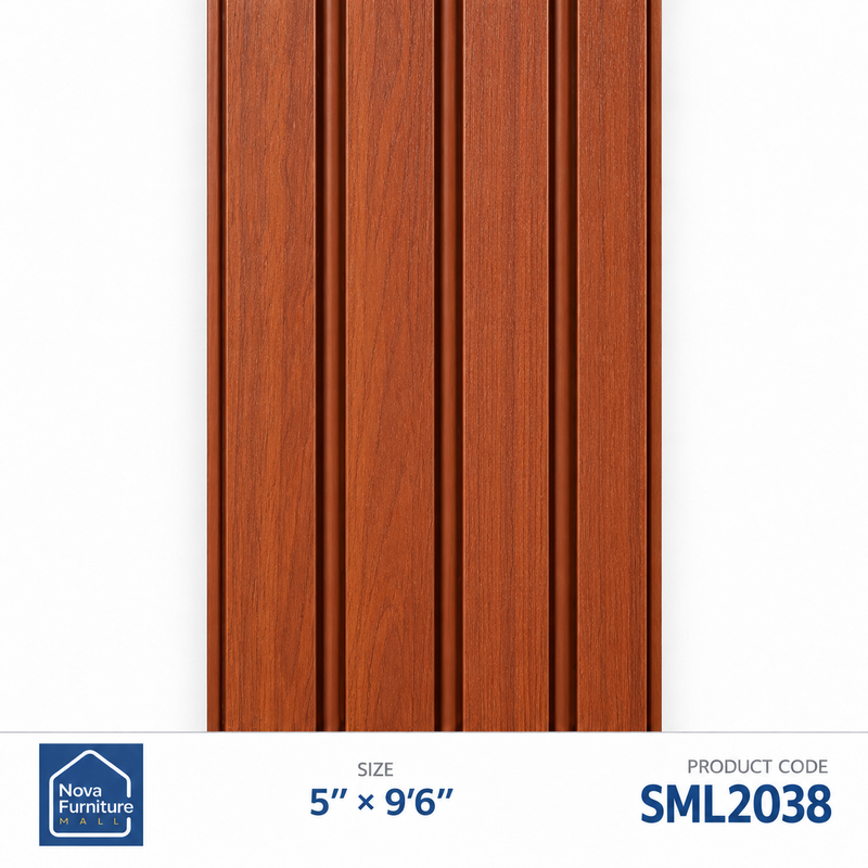 SML2038 red mahogany-look ribbed PVC wall panel, 5 inches wide and 9 feet 6 inches long