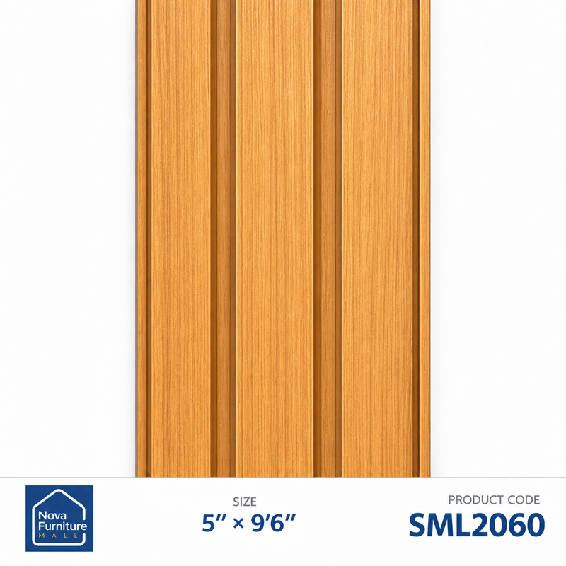 SML2060 bright honey wood-look ribbed PVC wall panel, 5 inches wide and 9 feet 6 inches long