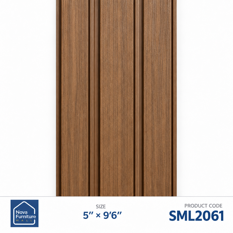 SML2061 neutral brown wood-look ribbed PVC wall panel, 5 inches wide and 9 feet 6 inches long