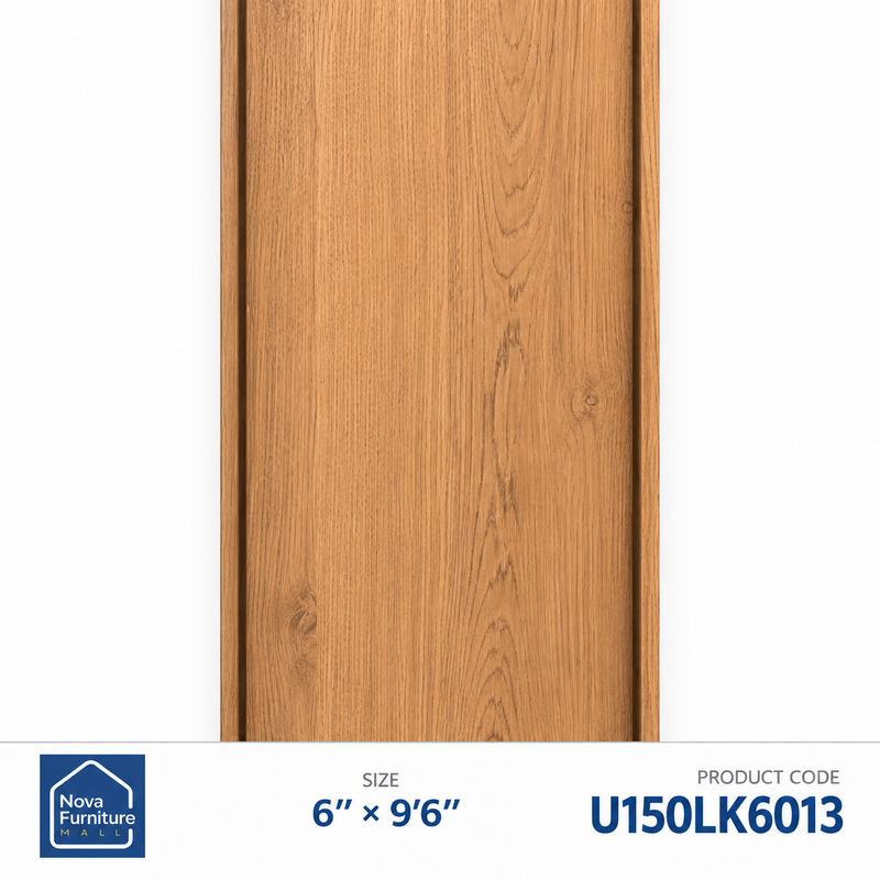 U150LK6013 honey oak-look flat PVC wall panel, 6 inches wide and 9 feet 6 inches long