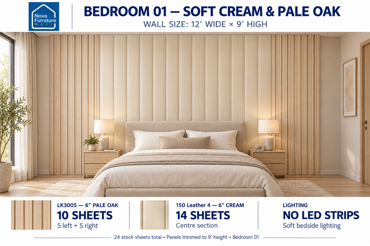 Soft Cream & Pale Oak bedroom wall panel design visualization, 12 by 9 feet