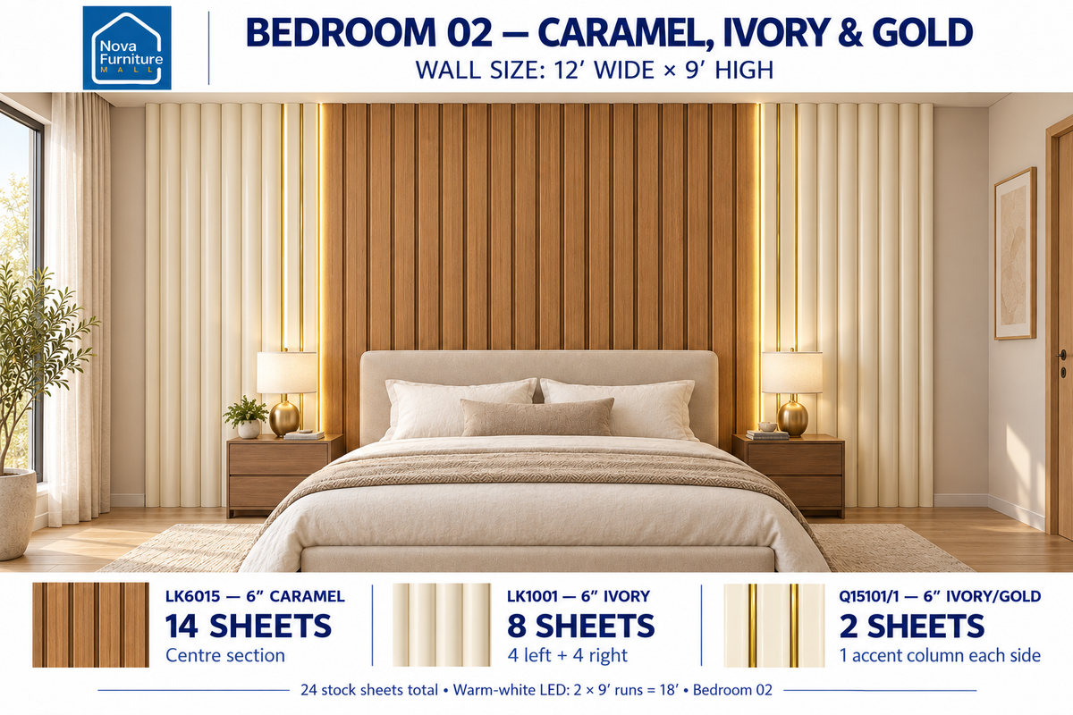 Caramel, Ivory & Gold bedroom wall panel design visualization, 12 by 9 feet