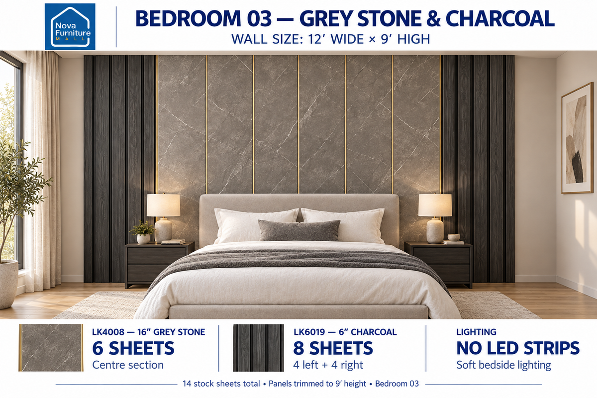 Grey Stone & Charcoal bedroom wall panel design visualization, 12 by 9 feet