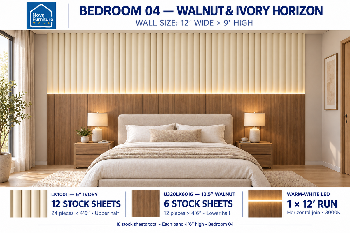 Walnut & Ivory Horizon bedroom wall panel design visualization, 12 by 9 feet