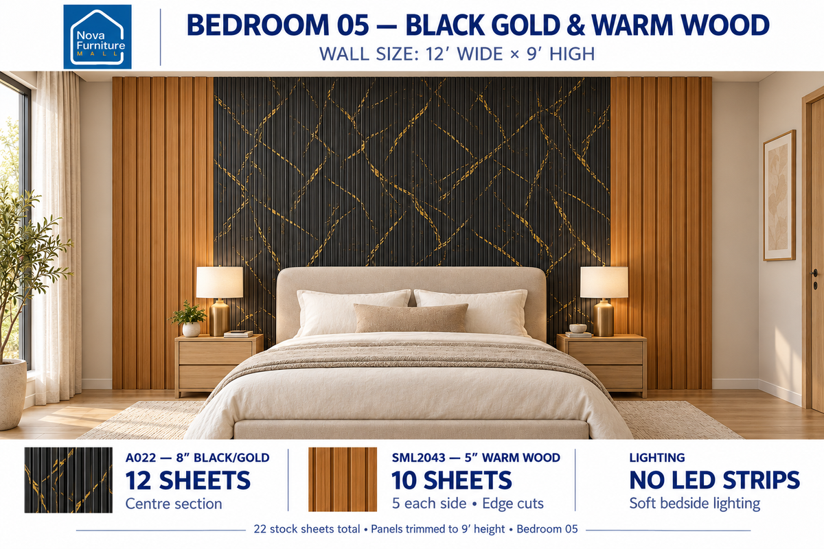 Black Gold & Warm Wood bedroom wall panel design visualization, 12 by 9 feet