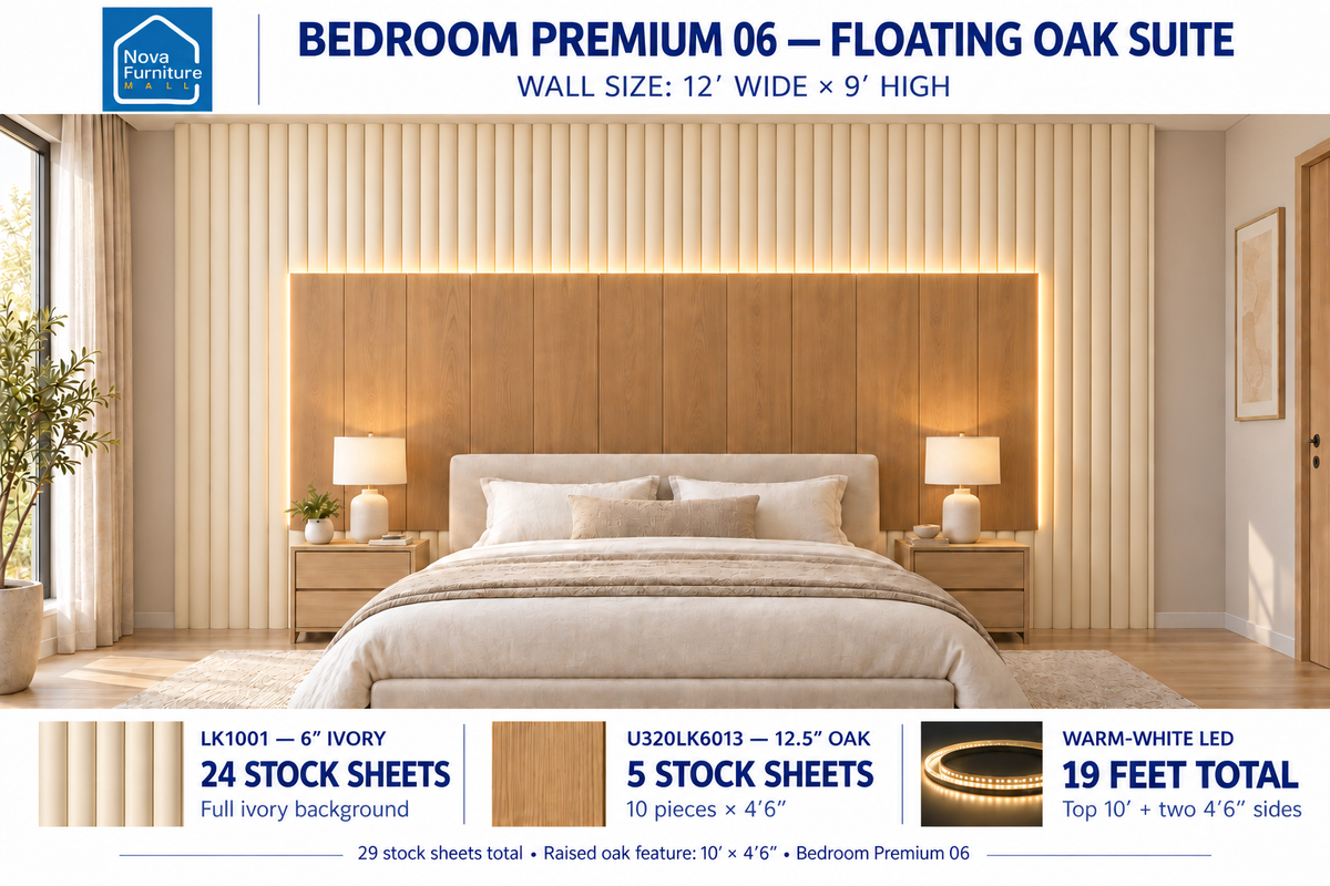 Floating Oak Suite bedroom wall panel design visualization, 12 by 9 feet