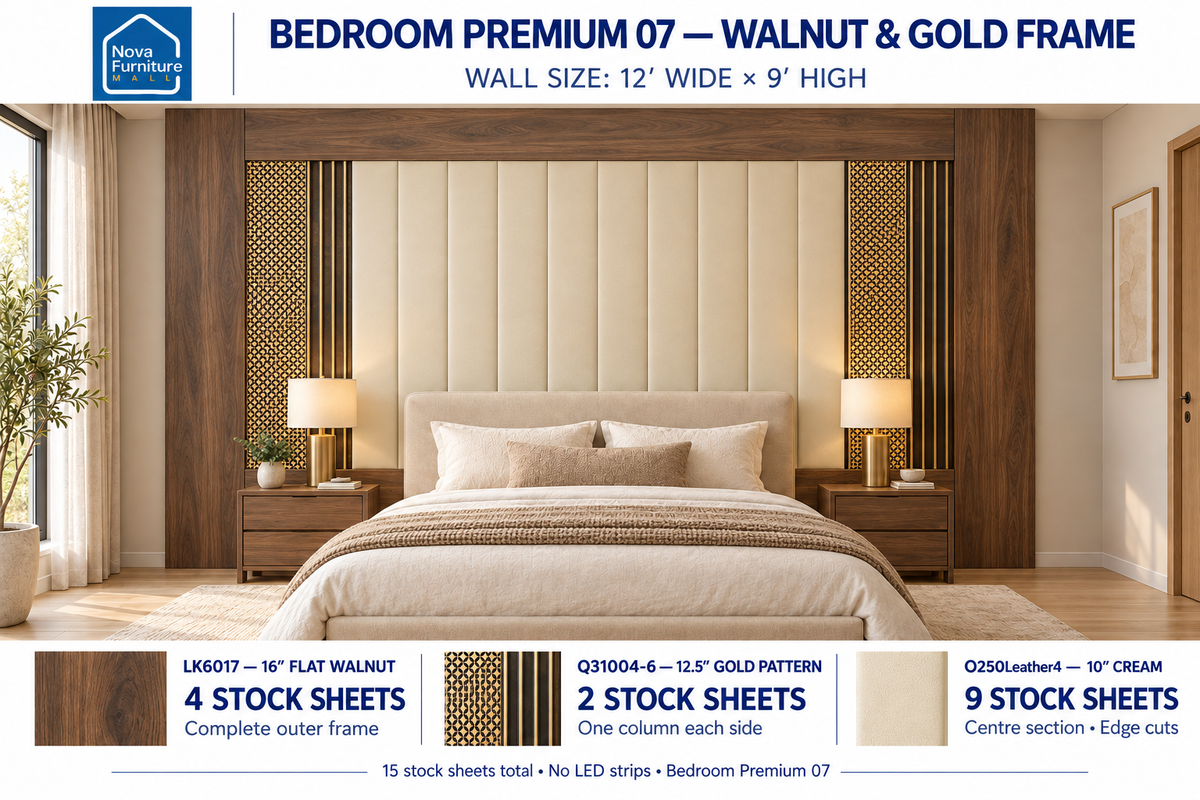 Walnut & Gold Picture Frame bedroom wall panel design visualization, 12 by 9 feet