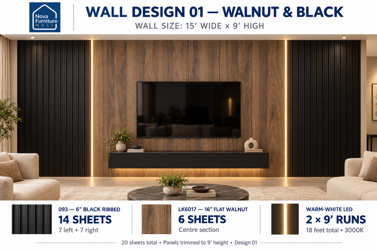 Walnut & Black living room wall panel design visualization, 15 by 9 feet