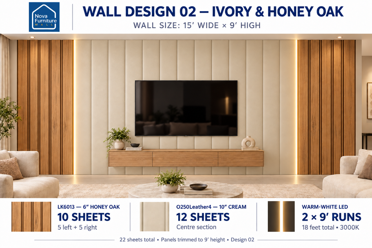 Ivory & Honey Oak living room wall panel design visualization, 15 by 9 feet