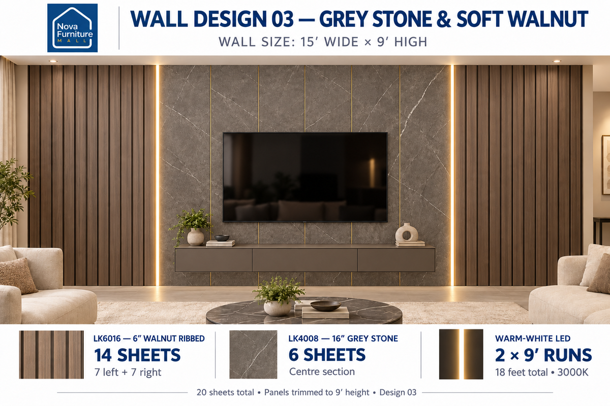 Grey Stone & Soft Walnut living room wall panel design visualization, 15 by 9 feet