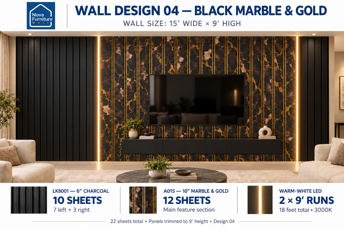 Black Marble & Gold living room wall panel design visualization, 15 by 9 feet