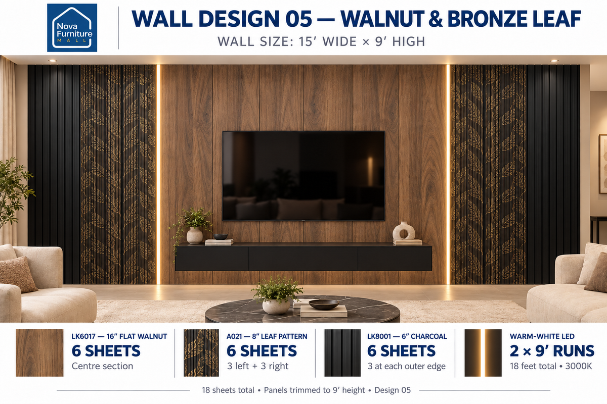 Walnut & Bronze Leaf living room wall panel design visualization, 15 by 9 feet