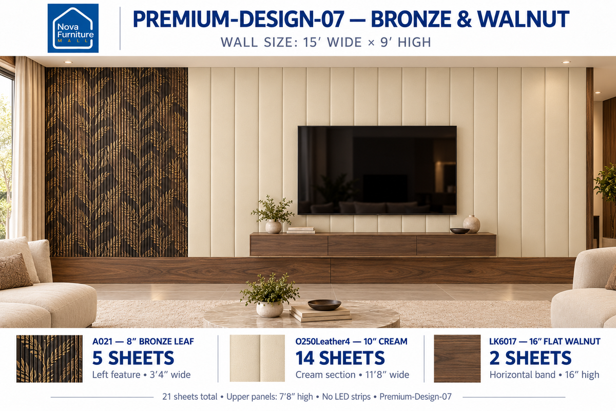 Bronze & Walnut living room wall panel design visualization, 15 by 9 feet