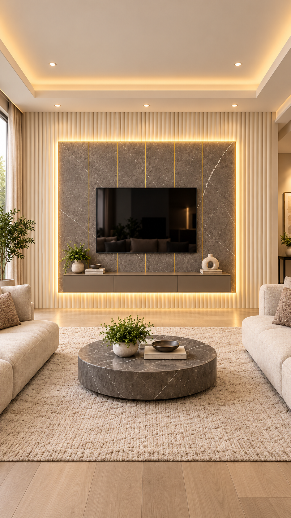 Living room design visualization with an ivory fluted wall and illuminated stone-effect panel centre