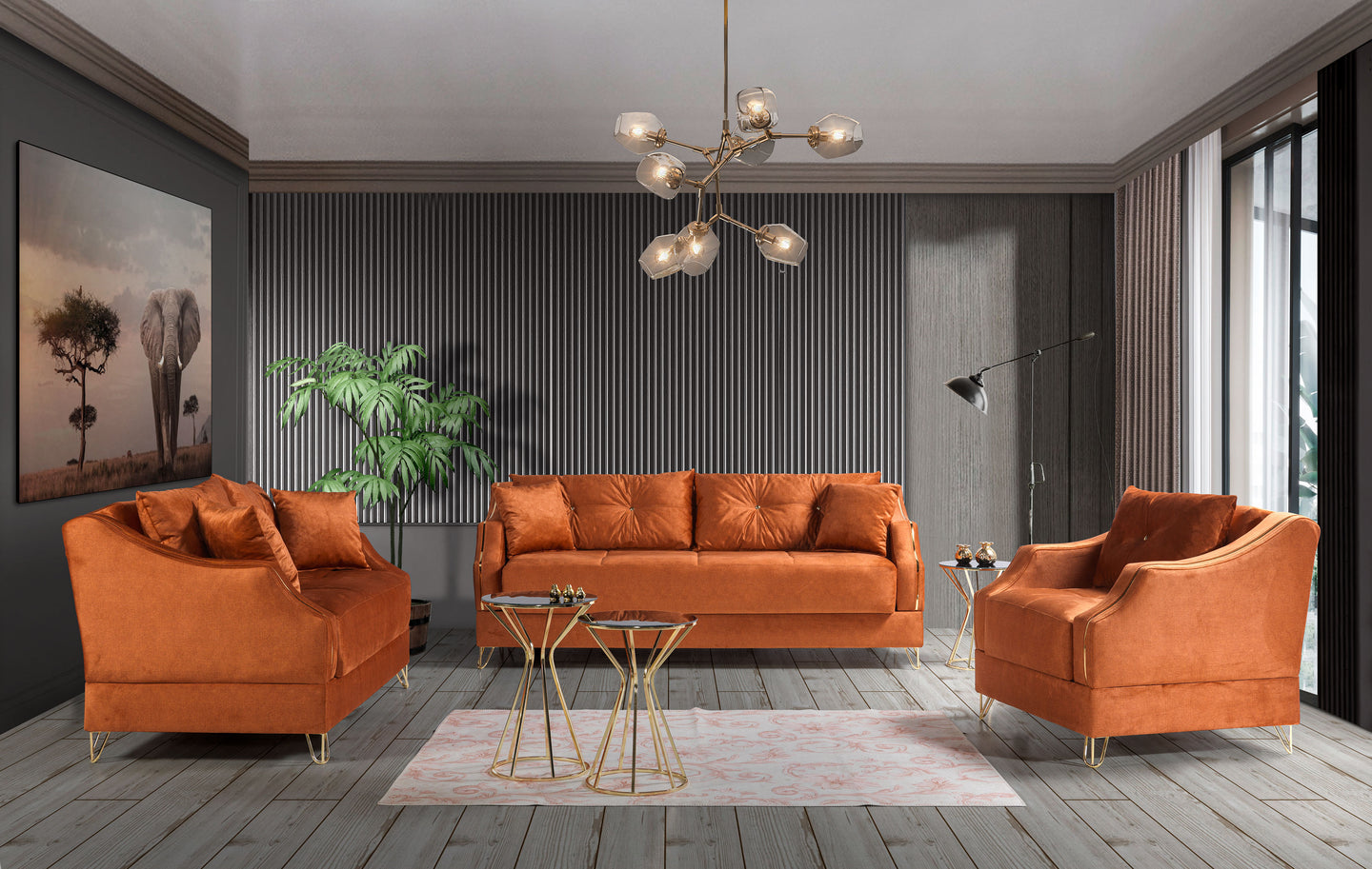 Orange Velvet 3pc Living Set - ALMODA