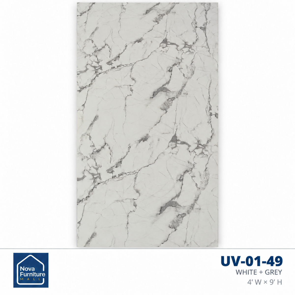White + Grey UV marble-look wall sheet, 4 feet wide by 9 feet high, SKU UV-01-49 — Nova Furniture product card