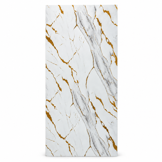 White + Grey + Gold UV marble-look wall sheet, 4 feet wide by 9 feet high, SKU UV-02-49