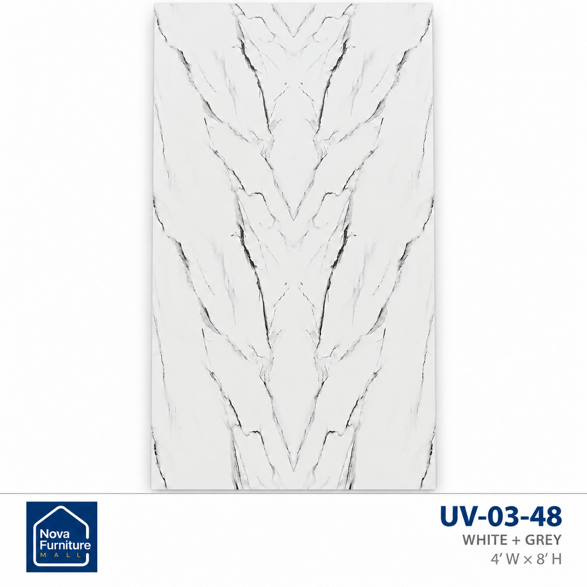 White + Grey UV marble-look wall sheet, 4 feet wide by 8 feet high, SKU UV-03-48 — Nova Furniture product card