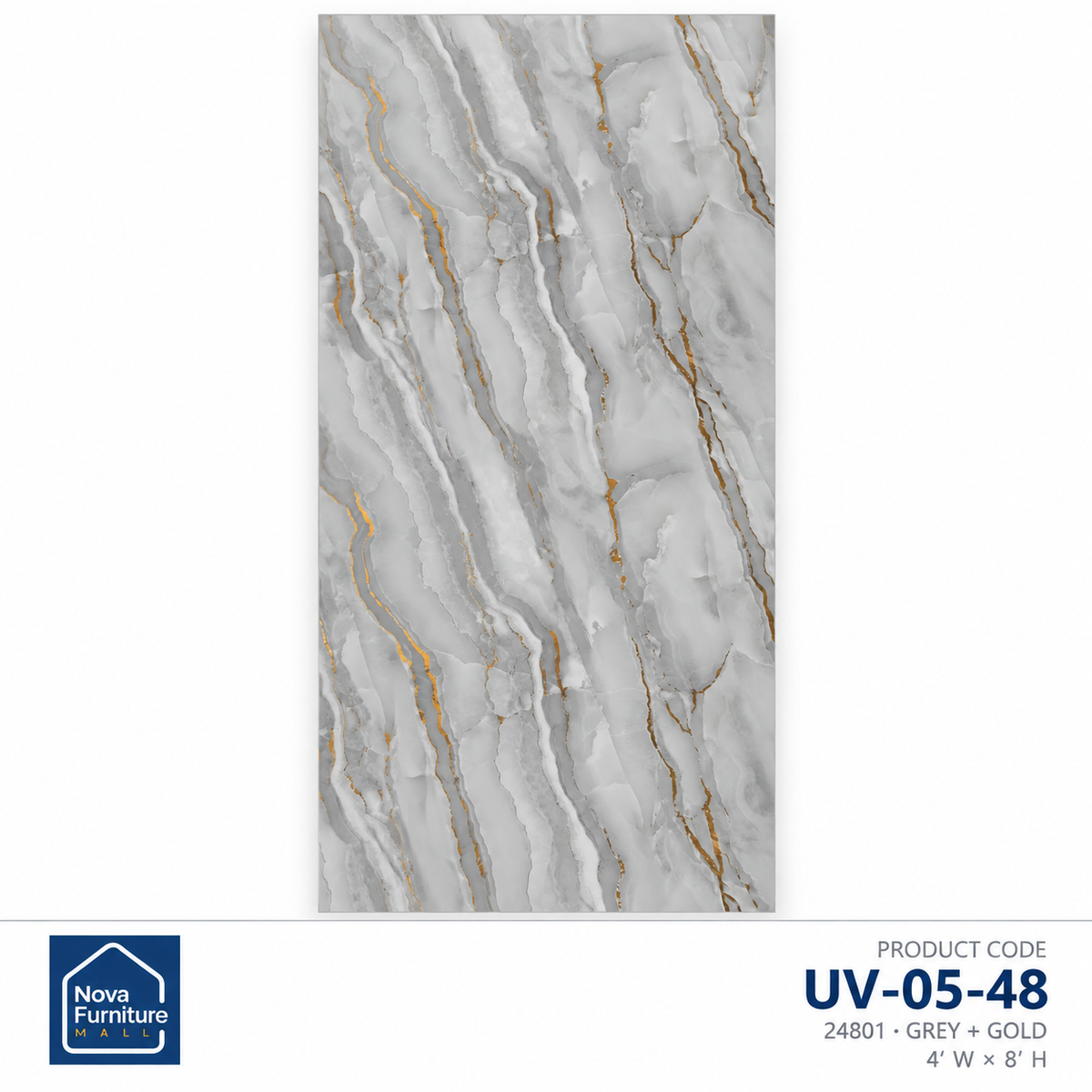 Grey + Gold UV marble-look wall sheet, 4 feet wide by 8 feet high, SKU UV-05-48, supplier design 24801 — Nova Furniture product card